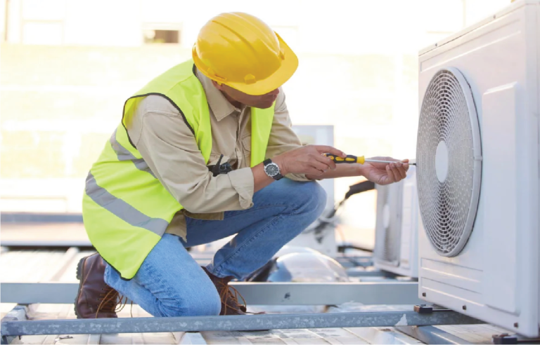 Technician servicing outdoor AC unit – MIJ Technical Services HVAC Solutions for Home Improvement.