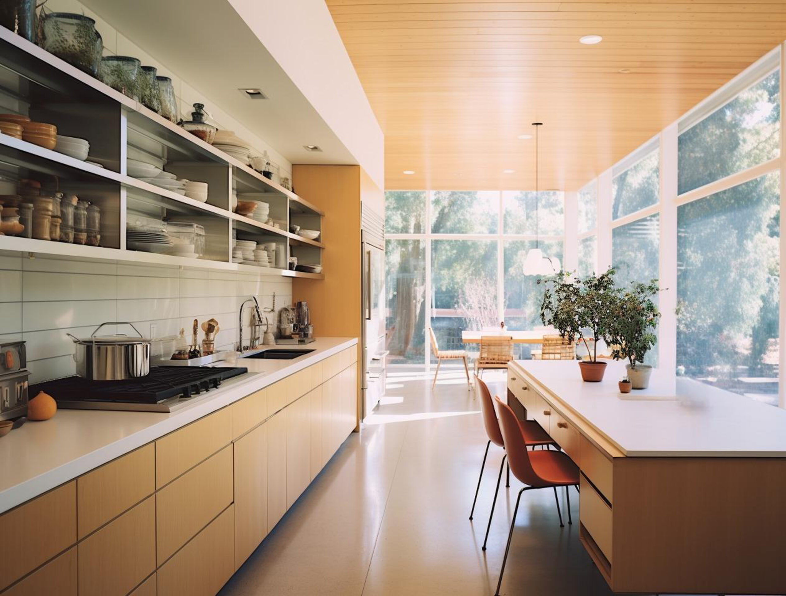 Bright modern kitchen with natural wood finishes, open shelving, large windows, and indoor plants enhancing the decor.