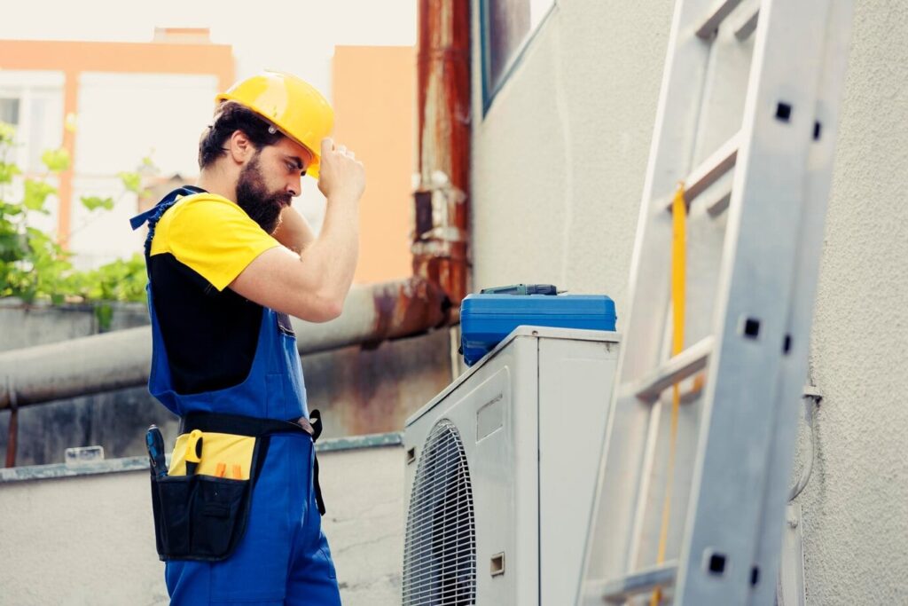 HVAC technician in blue overalls and yellow helmet preparing to service an outdoor AC unit next to a wall and ladder.