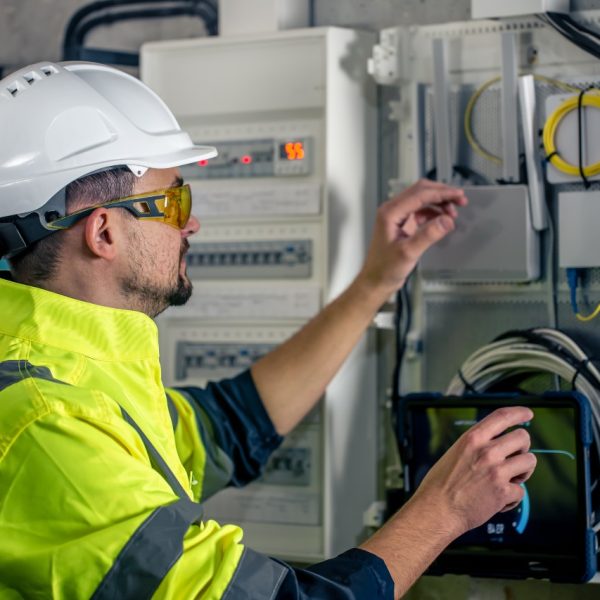 Electrical technician in safety gear inspecting wiring and control panels inside an industrial power cabinet.