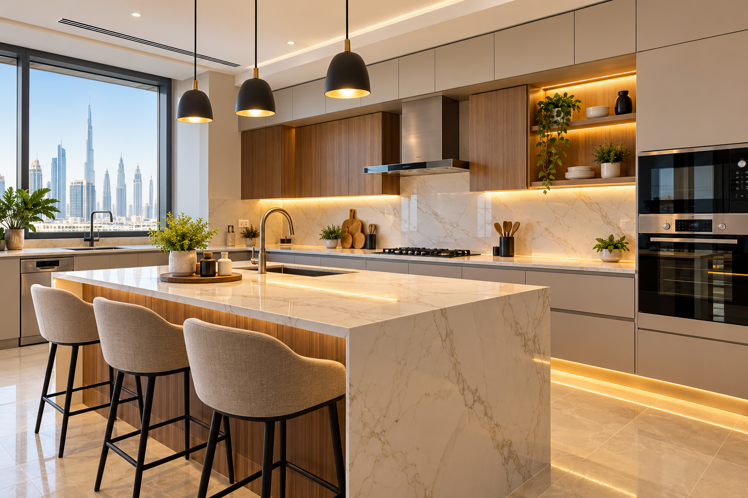 Modern kitchen renovation in Dubai with marble countertops and contemporary cabinets.